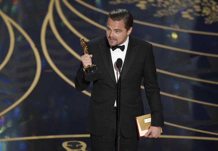 Leonardo DiCaprio accepts the award for best actor in a leading role for The Revenant at the Oscars on Sunday, Feb. 28, 2016, at the Dolby Theatre in Los Angeles. (Photo by Chris Pizzello/Invision/ANSA/AP)